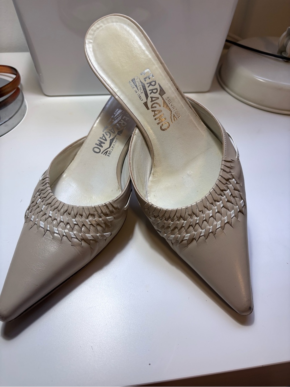 Salvatore Ferragamo Taupe Pointed-Toe Woven Leather Mules